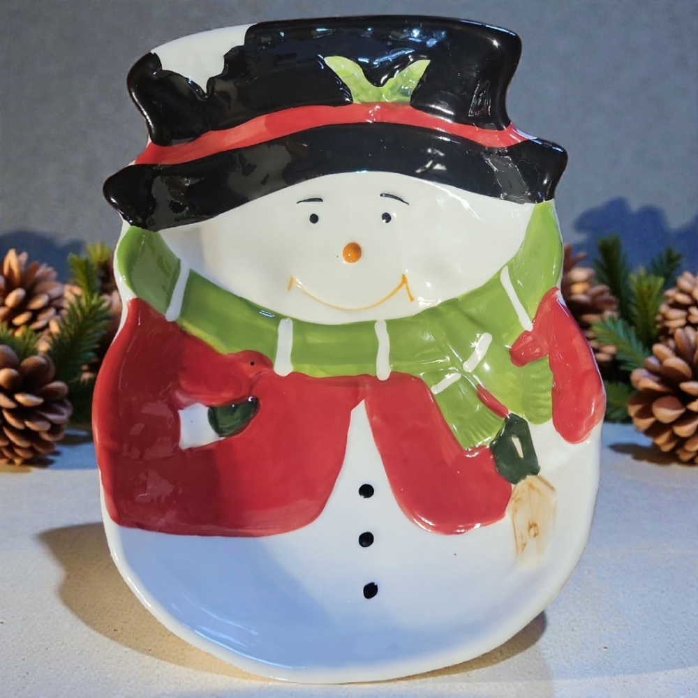 Christmas Snowman Serving Bowl Black Hat Green Scarf Red Jacket Midwood Brands